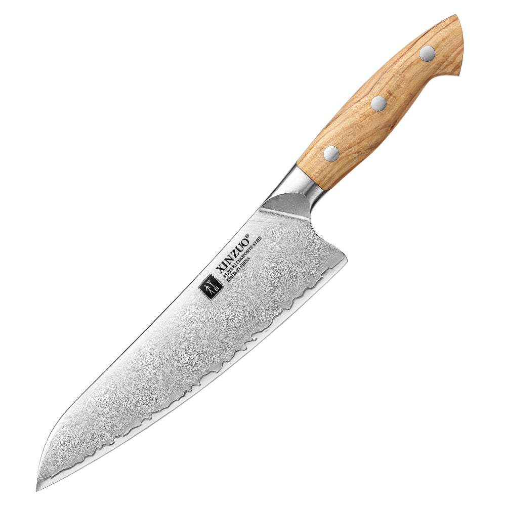 XINZUO Granton Edge Chef Knife - Triple-Layer Damascus Steel with Olive Wood Handle, Non-Stick & Razor Sharp-PIN Series