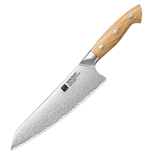 XINZUO Granton Edge Chef Knife - Triple-Layer Damascus Steel with Olive Wood Handle, Non-Stick & Razor Sharp-PIN Series