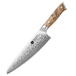 XINZUO 8.3” Chef Knife 67-Layer Damascus Steel 10Cr15CoMoV Core 60±2HRC Handmade with Figured Sycamore Wood Handle