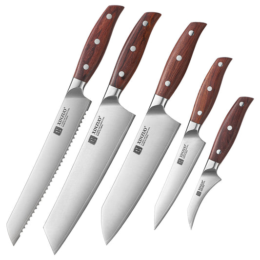XINZUO Premium 5PCS Kitchen Knife Set 3 Layers Composite Steel 8.1+7.1+8.2+5.1+3 Inches Knife，Ultra-Sharpness Edge