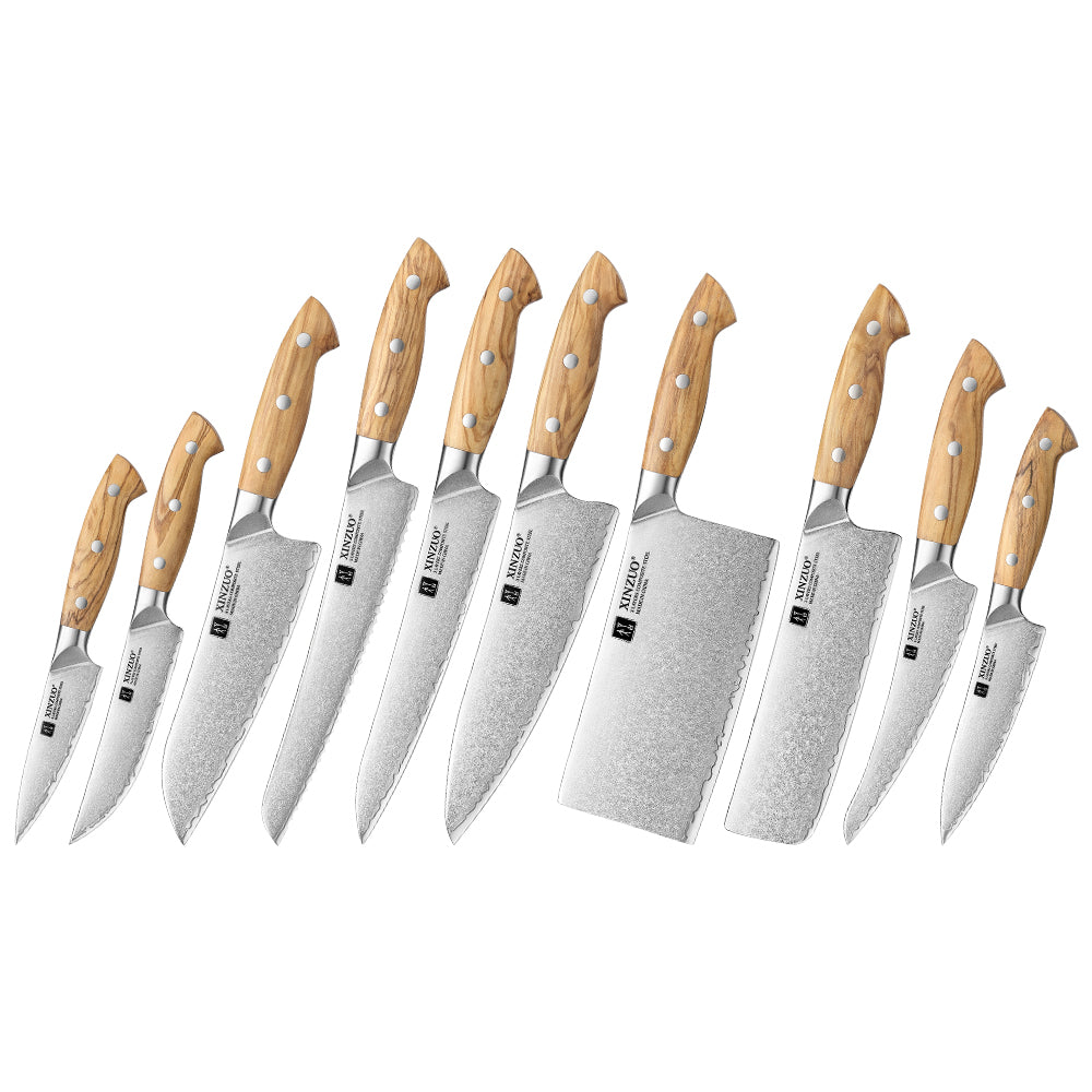 XINZUO 10 PCS Kitchen Knife Set - Triple-Layer Composited Steel with Olive Wood Handle, Razor Sharp & Ergonomic Design-PIN Series