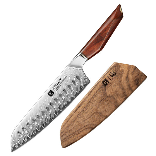 XINZUO Xing Series 7.2 Inches Santoku Knife,73-Layer Damascus – Powder Steel Core (14Cr14MoVNb), Ergonomic Rosewood & Brass Handle, Eco-Friendly Gift Box