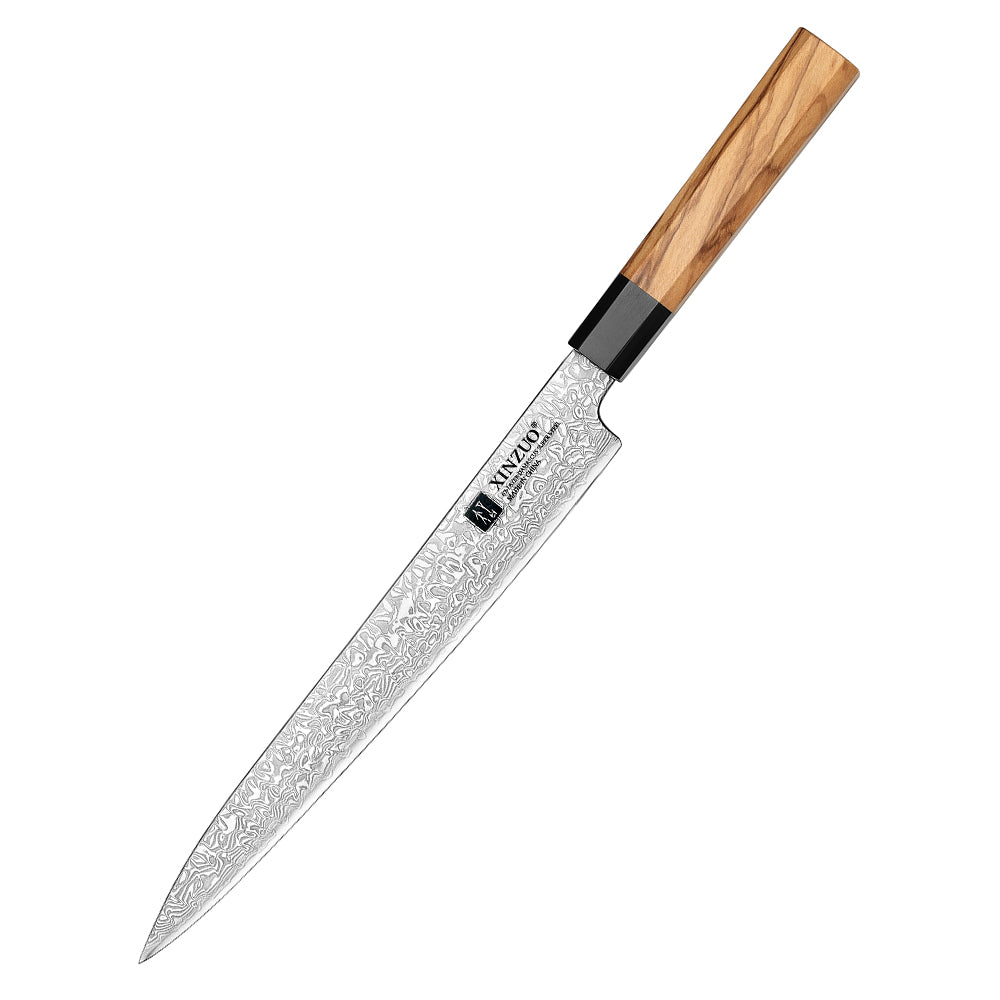 XINZUO 10 Inch Carving Knife, Custom 67‑Layer Damascus Steel Slicing Knife,15°±1 Per Side Sharp Edge, Premium Olive Wood & Buffalo Horn Handle