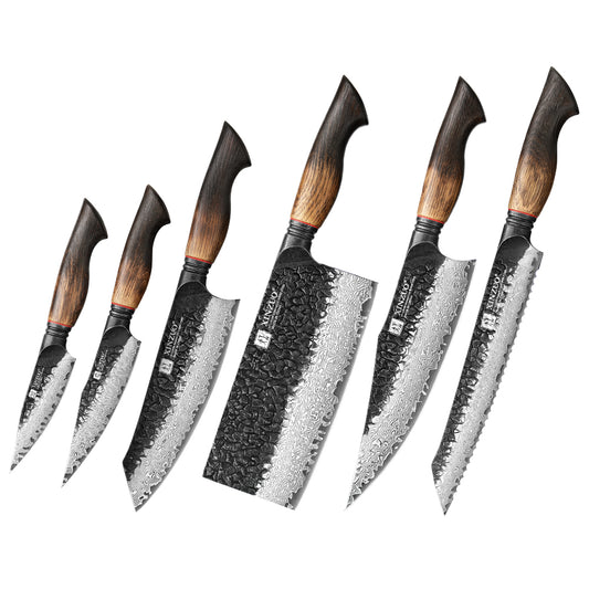 XINZUO 6-Piece Knife Set, 67 Layers Black Damascus Steel,Burnt Oak Handle MO-Series