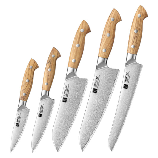XINZUO 5PCS Kitchen Knife Set(Granton Chef, Santoku, Bread, Utility & Paring Knives) - Triple-Layer Composited Steel with Olive Wood Handle, Razor Sharp & Ergonomic Design-PIN Series
