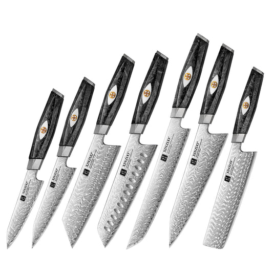 XINZUO 7PCS Knife Set 145-Layer M390 Damascus Steel Kitchen Knife – 60-62HRC Hardness, Black Carbon Fiber Handle
