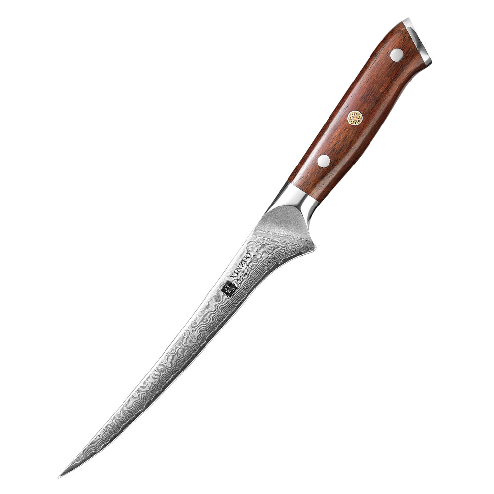 XINZUO 7-Inch Fish Fillet Knife — 67-Layer Damascus Steel Blade, Natural Rosewood Grip