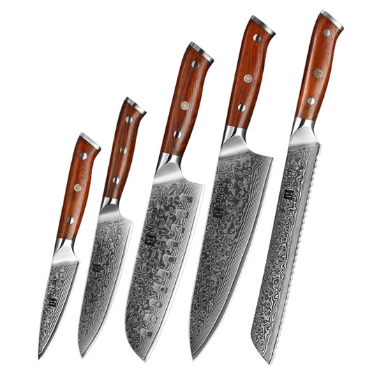 XINZUO 5-Piece 67 Layers Damascus Knife Set—Core Hardness 60±2HRC, Ultra-Sharp Kitchen Knives for Home Chefs & Daily Meal Prep
