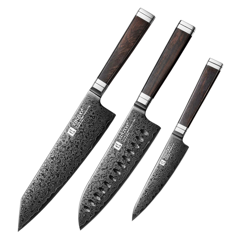 XINZUO Ji Series High Carbon Steel 3PCS Knife Set 67 Layers Damascus Steel Utility+Santoku+Bunka Knife,Kitchen Utensils