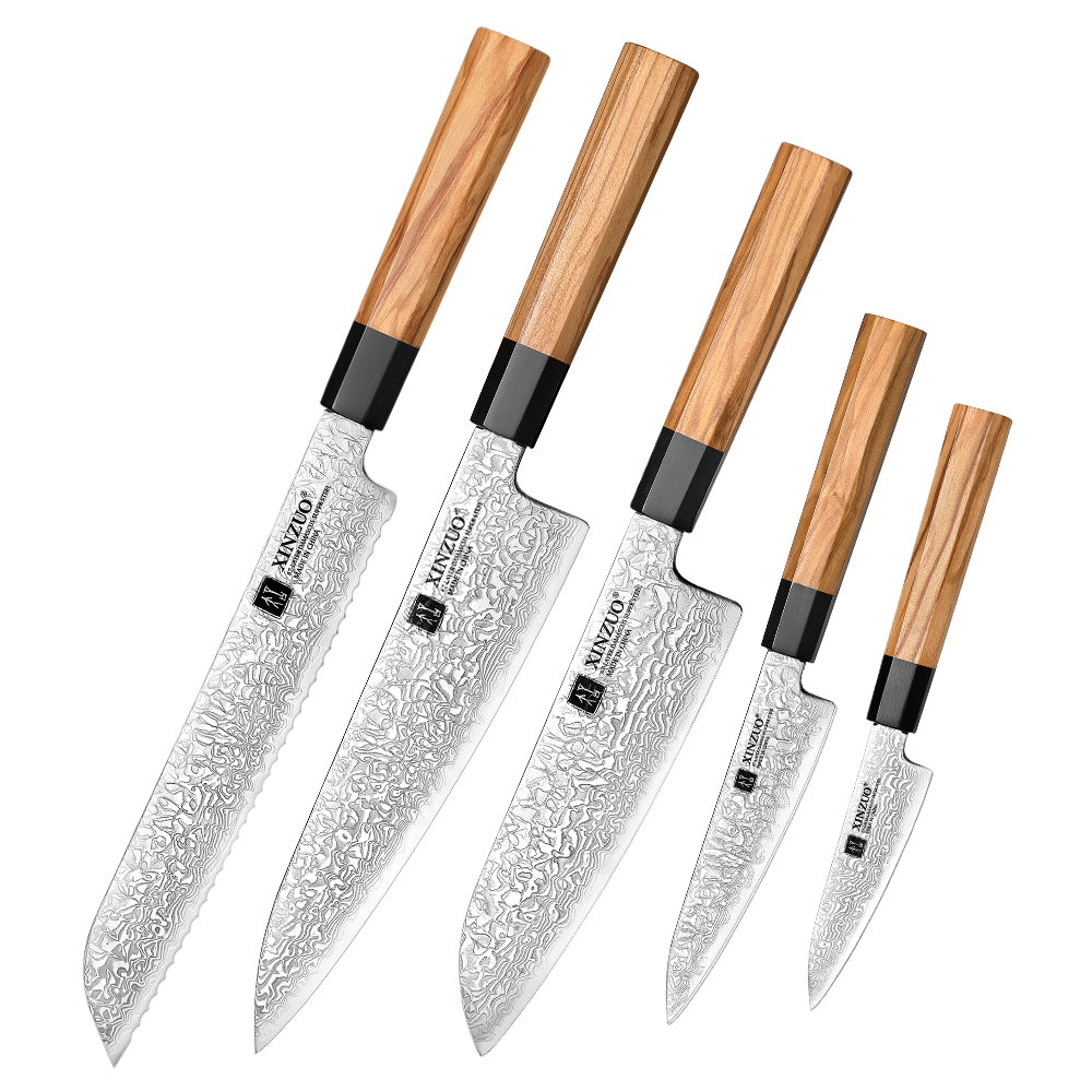 XINZUO 5-Piece Complete Kitchen Knife Set, Custom 67 Layer Damascus Steel Blade,Olive Wood Handle, For Home Daily Food Prep