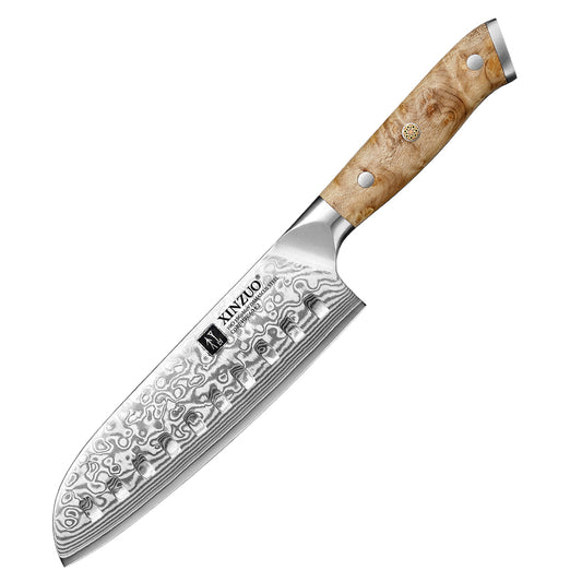 XINZUO 7.1 Inches Santoku Knife 67 Layer Damascus Steel 10Cr15CoMoV Core 60±2 HRC Handmade Kitchen Knife