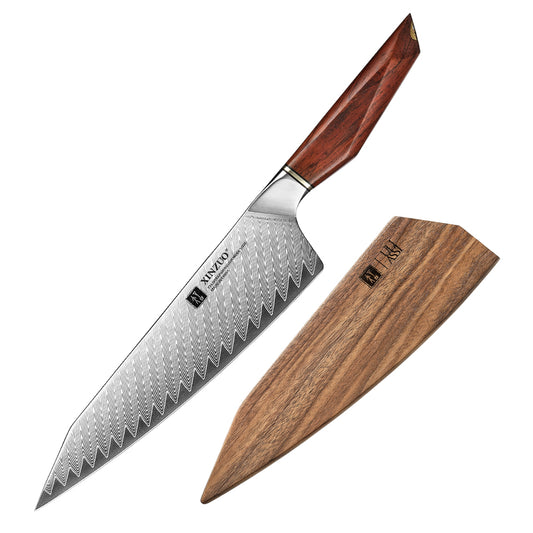 XINZUO Xing Series 73-Layer Damascus Steel 8.2”Bunka Knife – 14Cr14MoVNb Core, Rosewood & Brass Rivets Handle