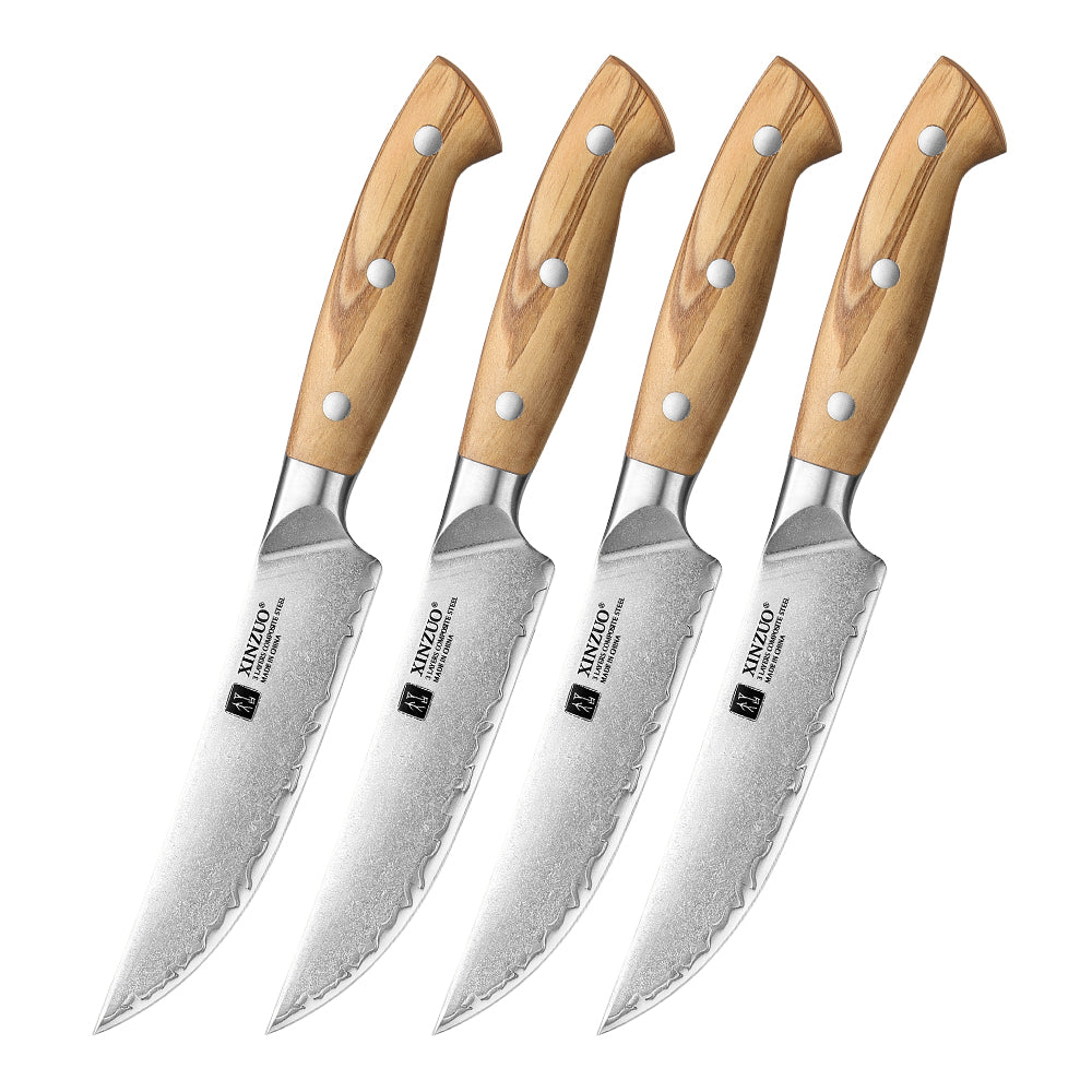 XINZUO 4PCS Steak Knife Set - Triple-Layer Composited Steel with Olive Wood Handle, Razor Sharp & Ergonomic Design-PIN Series