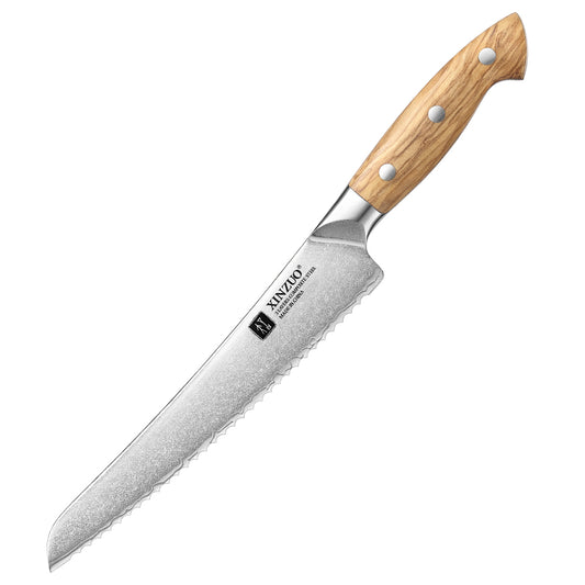 XINZUO Serrated Bread Knife - Triple-Layer Composited Steel with Olive Wood Handle, Razor Sharp & Ergonomic Design-PIN Series