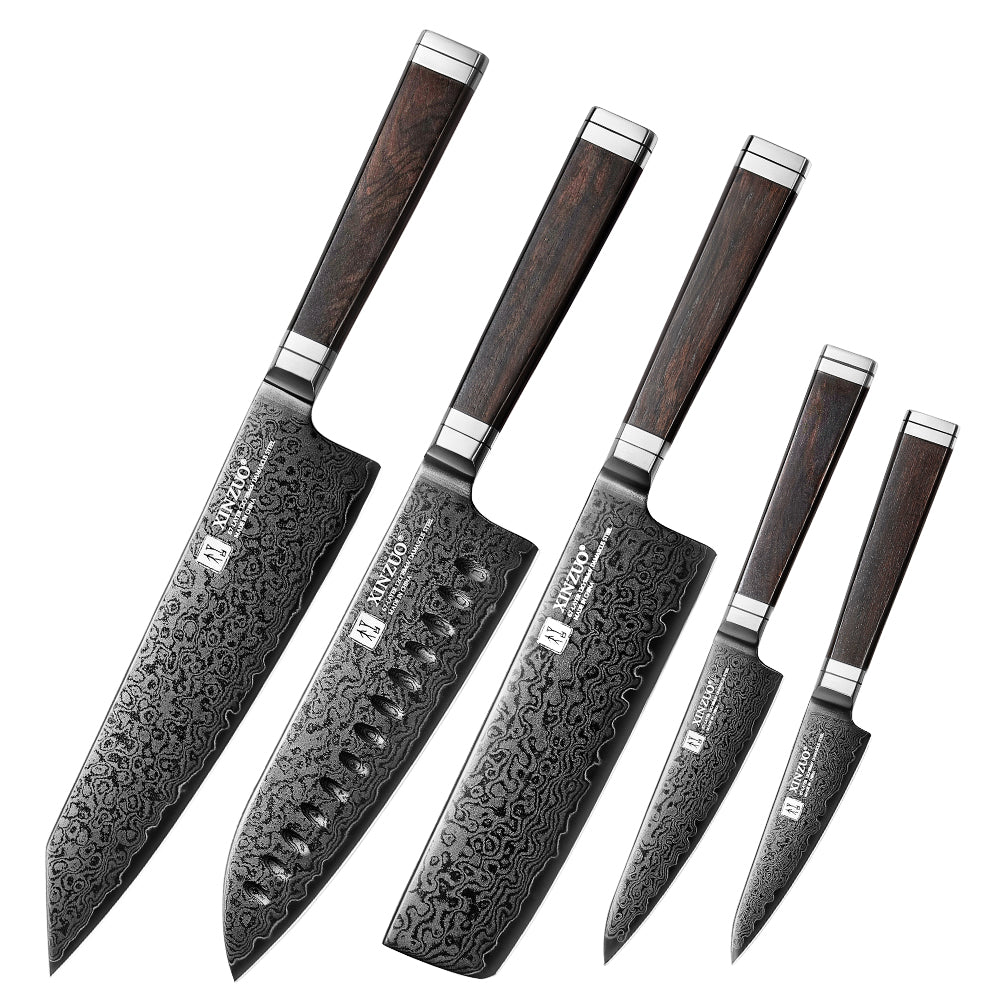 XINZUO Ji Series 5PCS Damascus Steel Knife Set 67-Layer Damascus Steel Blade 60±2 HRC Hardness Core 15° Ultra-Sharp Edge