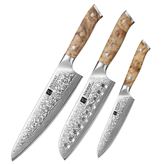 XINZUO 3PCS Damascus Knife Set, 67-Layer Custom Forged Steel，Ultra-Sharp 15° Edge for Meat, Vegetables, Fruit