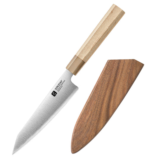 XINZUO 5.9 Inches Bunka Knife Artisan Forged Japanese Chef's Knife – Aogami #2 Steel Core,Octagonal White Buffalo Horn Maple Wood