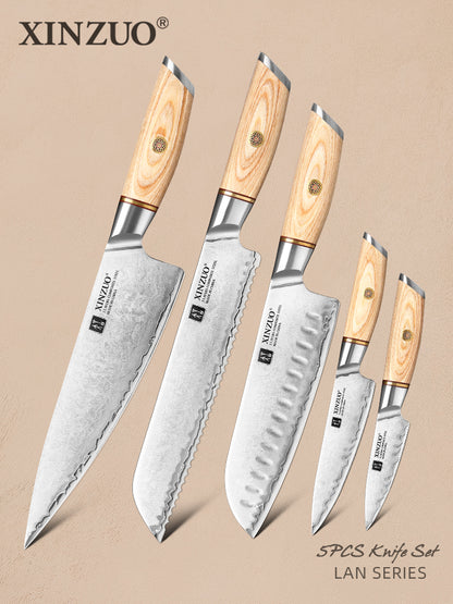 XINZUO Lan Series 3-layer Composite Steel 5PCS Knife Set