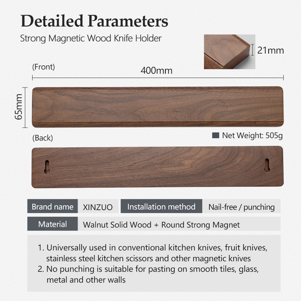 XINZUO 40cm Walnut Solid Wood Magnetic Knife Holder Double Row Strong Magnetic Force No Nails/ Punching Kitchen Accessories
