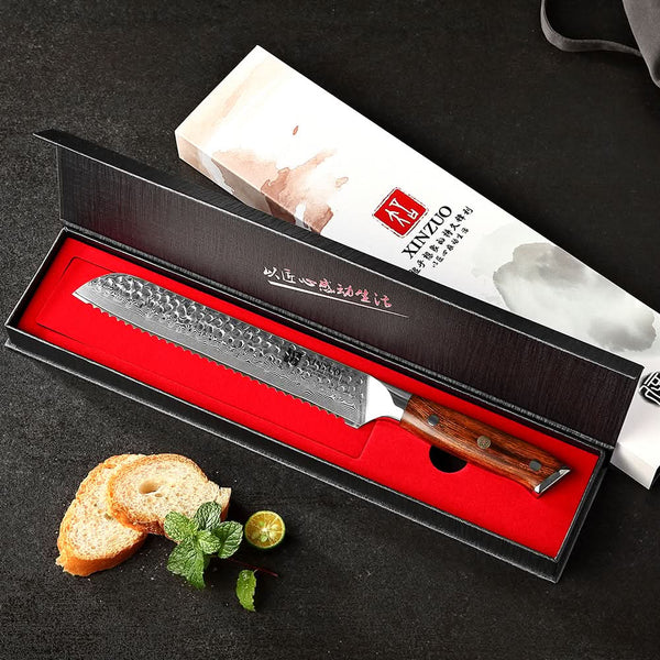 YU STRIA HAMMER DAMASCUS XINZUO 8'' inch Serrated Knife
